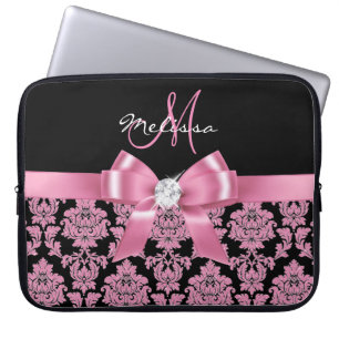 Elegant, Pink glitter Black Damask, Bow, Monogram Laptop Sleeve
