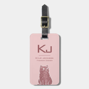 Elegant Pink Glitter Cute Cat Monogrammed Name Luggage Tag