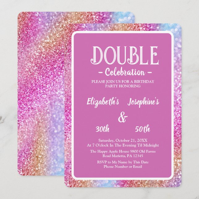 Elegant Pink Glitter Double Birthday Celebration Invitation (Front/Back)