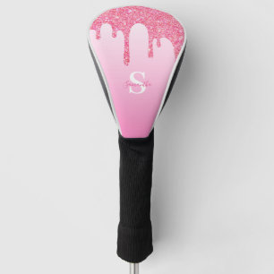 Elegant Pink Glitter Drips Monogram Name Golf Head Cover