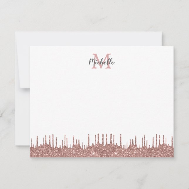 Elegant Pink Glitter Drips Name Monogrammed Card (Front)