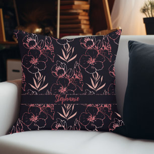 Elegant Pink Glitter Flowers And Leaves Monogram Cushion