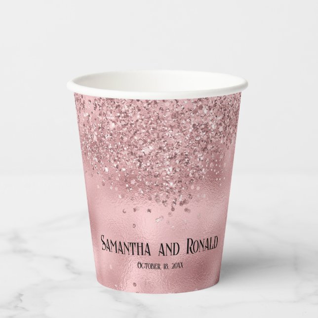 Elegant Pink Glitter & Foil Wedding Paper Cups (Front)