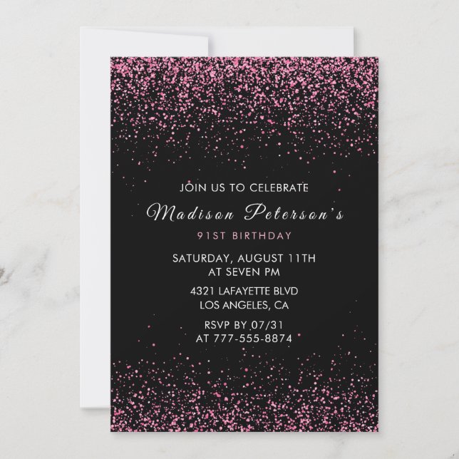  Elegant Pink Glitter Glam 91st birthday Invitation (Front)