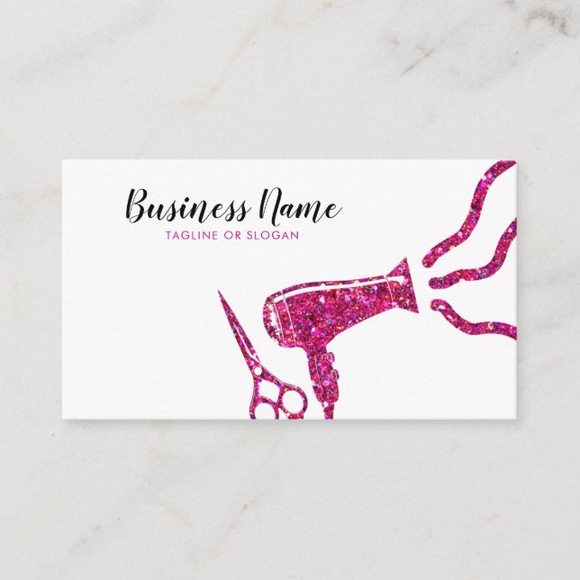 Elegant Pink Glitter Hair Dryer Hairdresser Appointment Card (Front)
