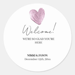 Elegant Pink Glitter Heart Minimal Wedding Welcome Classic Round Sticker