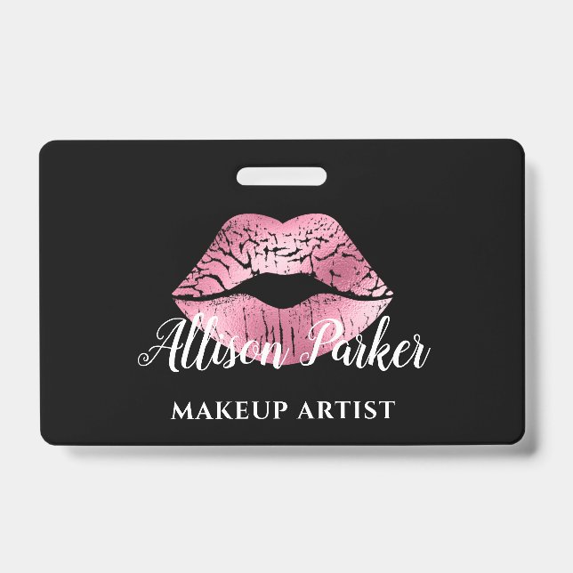 Elegant Pink Glitter Kiss Makeup Artist  ID Badge (Front)