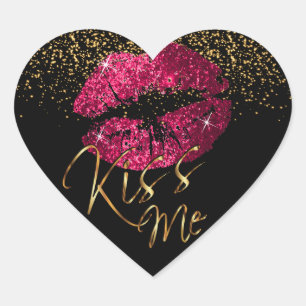 Elegant Pink Glitter Kiss Me Lips Heart Sticker