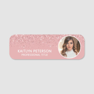Elegant Pink Glitter Magnetic Employee Photo ID Name Tag