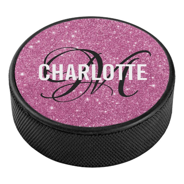 Elegant pink glitter monogram name hockey puck (3/4)