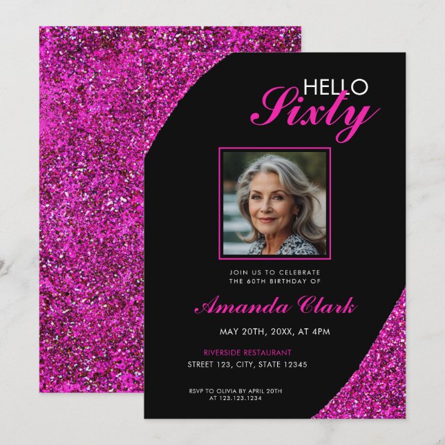 Elegant Pink Glitter Photo 60th Birthday Invitation (Front/Back)