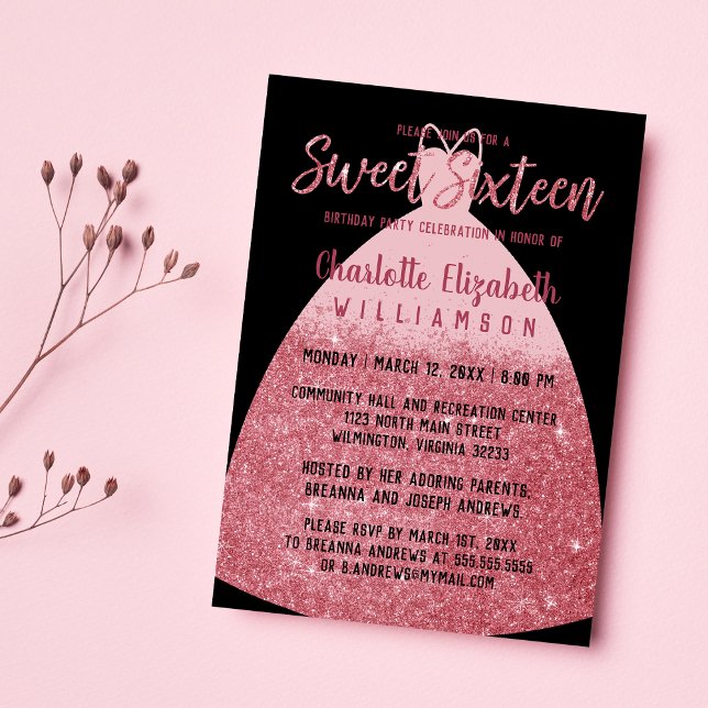 Elegant Pink Glitter Princess Dress Sweet 16 Invitation (Elegant Pink Glitter Princess Dress Sweet 16)