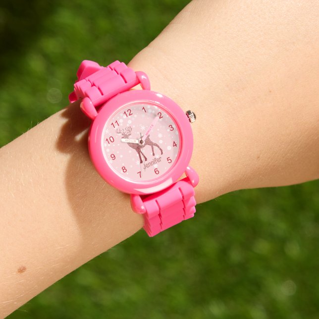 elegant pink glitter reindeer snowy personalised watch (Creator Uploaded)