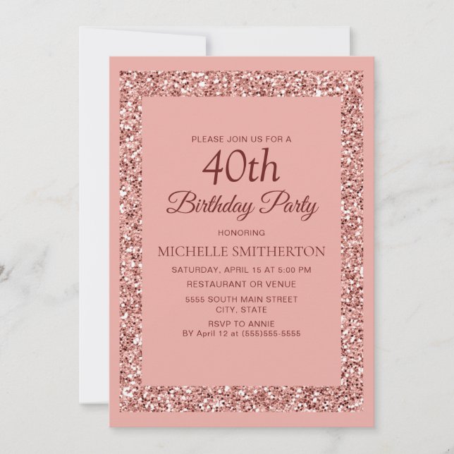 Elegant Pink Glitter Sparkle Women 40th Birthday Invitation (Front)