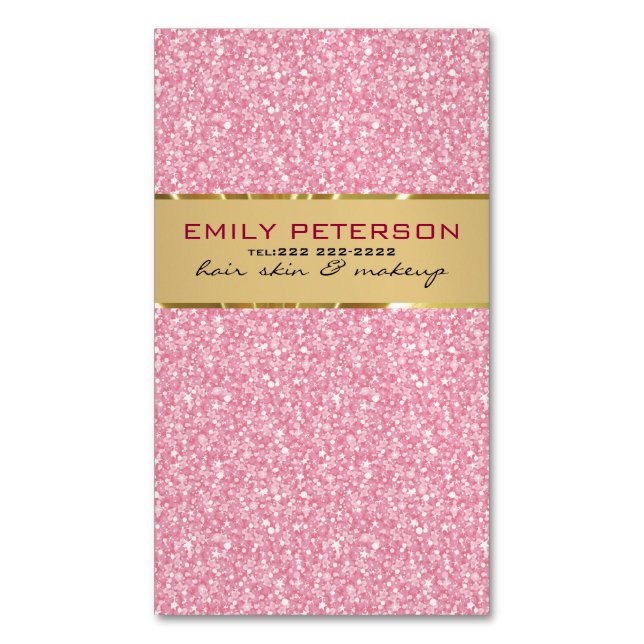 Elegant Pink Glitter With Gold Accents Magnetic Business Card (Front Vertical)