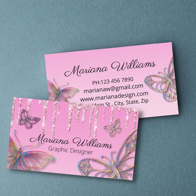 elegant pink glitters dripping butterflies stylish business card (Creator Uploaded)