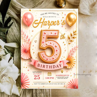 Elegant Pink Gold 5Th Birthday Party Invitation