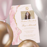 Elegant Pink Gold Agate Bat Mitzvah Photo Party Invitation<br><div class="desc">Chic pink and gold agate decorates the side of this elegant Bat Mitzvah ceremony and party invitation. Your daughter's name is written in beautiful formal script under the Star of David along with her photo. Perfect photograph invite for a stylish Jewish family celebrating a girl being called to the Torah....</div>