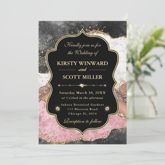 Elegant Pink Gold Agate Marble Glitter Wedding Invitation (Standing Front)