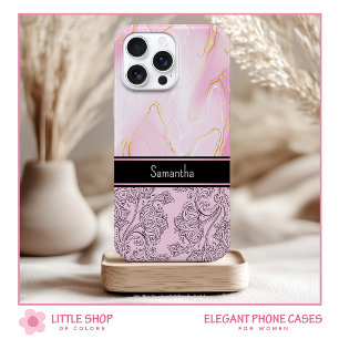 Elegant Pink Gold Agate Paisley Monogrammed iPhone 14 Case