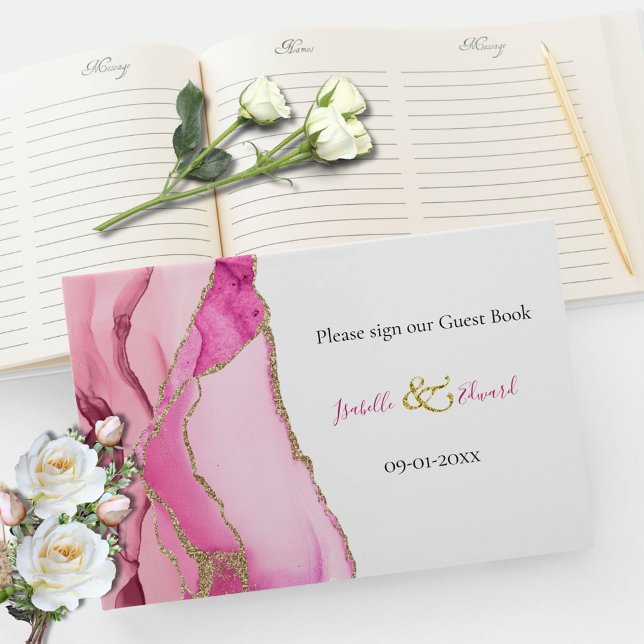 Elegant Pink & Gold Agate Stone Wedding Guest Book (Creator Uploaded)