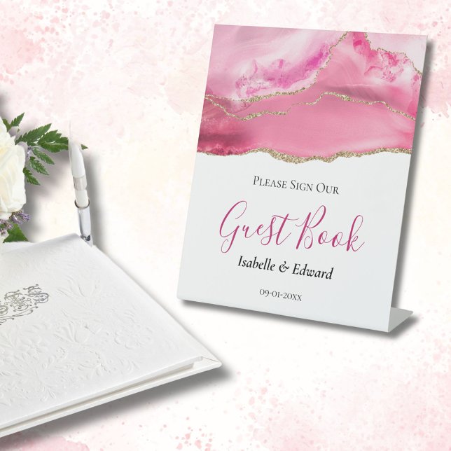 Elegant Pink & Gold Agate Stone Wedding  Pedestal Sign (Creator Uploaded)