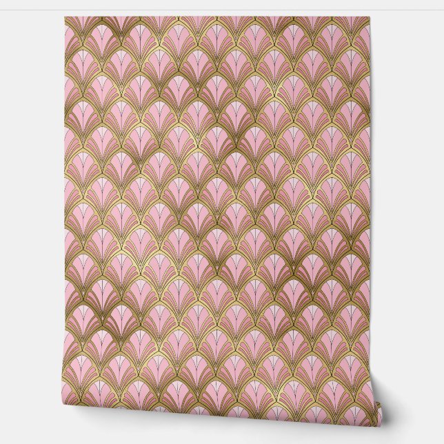 Elegant Pink Gold Art Deco Vintage Pattern Wallpaper (Unrolling)