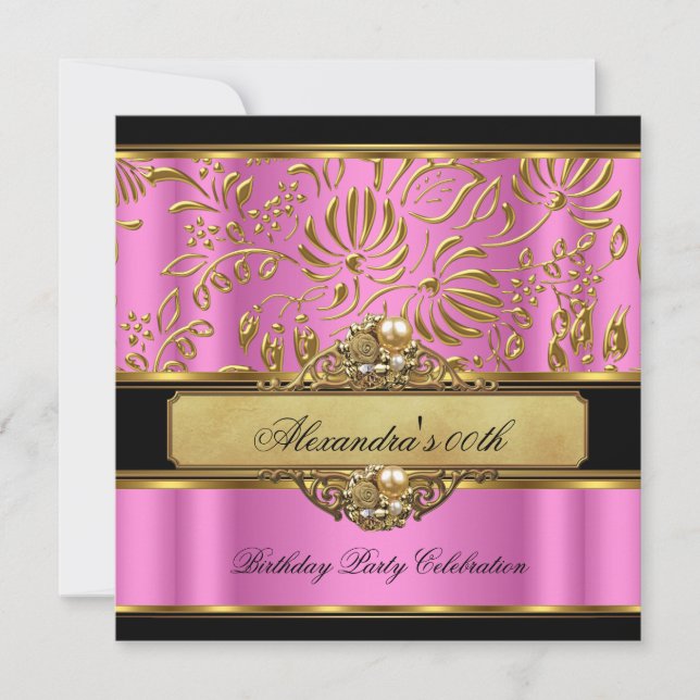 Elegant Pink Gold Black Damask Pearl Party Invitation (Front)