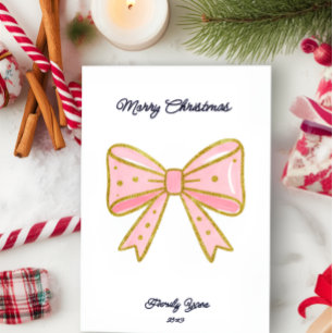 Elegant Pink Gold Bow Family Year 2025 Christmas Holiday Card