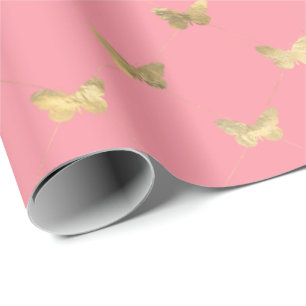 Elegant Pink Gold Butterfly Pattern Wrapping Paper