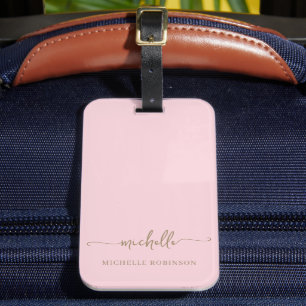 Elegant Pink Gold Calligraphy Script Monogram Name Luggage Tag