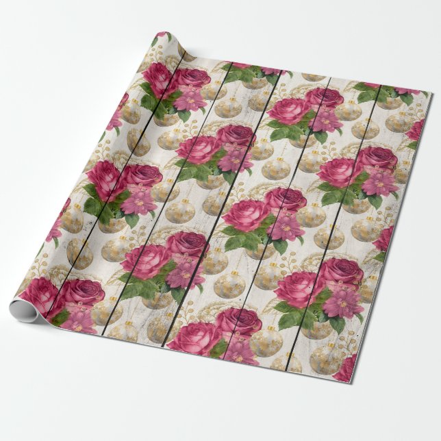 Elegant pink & gold Christmas floral pattern Wrapping Paper (Unrolled)