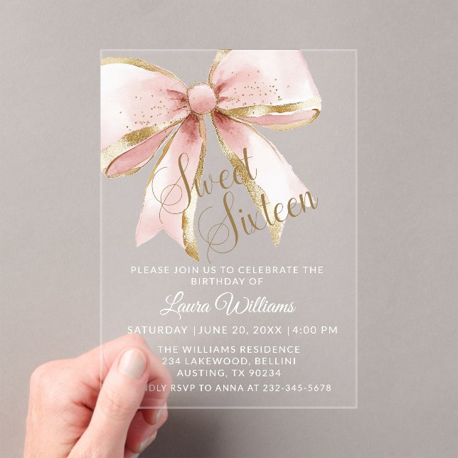 Elegant Pink & Gold Coquette Bow Sweet 16th Acrylic Invitations (Insitu (Handheld))
