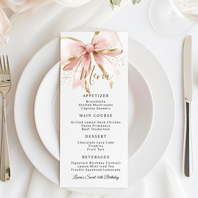 Elegant Pink Gold Coquette Bow Sweet 16th Birthday Menu (Elegant Coquette pink and gold bow Menu card)