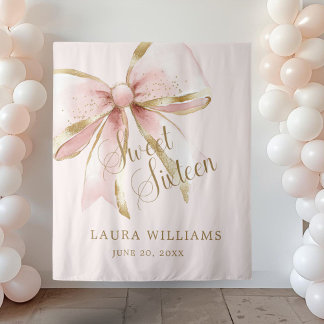 Elegant Pink & Gold Coquette Sweet 16th Backdrop Tapestry