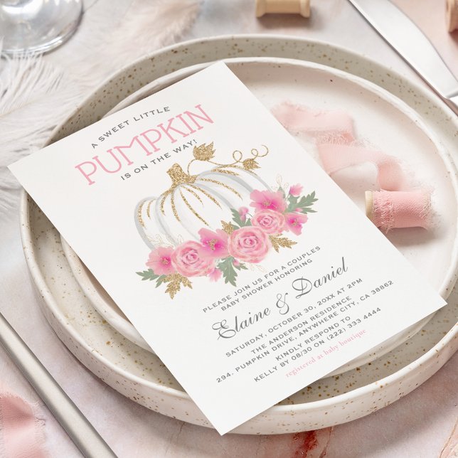 Elegant Pink & Gold Couples Pumpkin Baby Shower Invitation (Creator Uploaded)