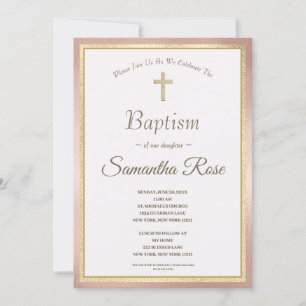 Elegant Pink Gold Cross Baby Girl Baptism Invitati Invitation