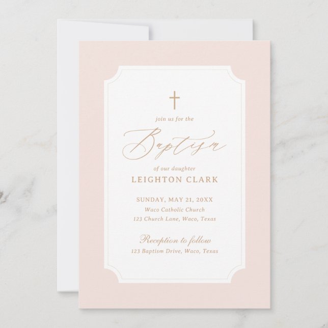 Elegant Pink Gold Cross Girl Baptism Invitation (Front)