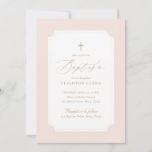 Elegant Pink Gold Cross Girl Baptism Invitation