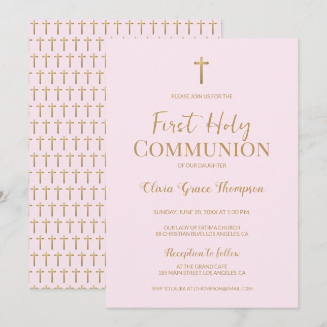 Elegant Pink Gold Cross Girl First holy communion  Invitation (Front/Back)