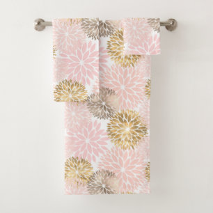 Elegant Pink Gold Dahlia Floral Bath Towel Set