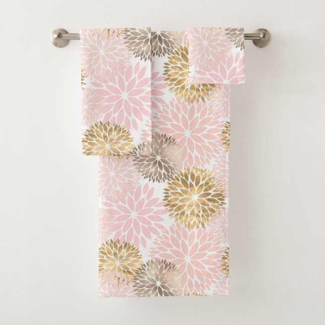 Elegant Pink Gold Dahlia Floral Bath Towel Set (Insitu)