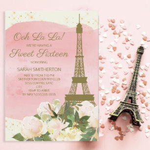 Elegant Pink Gold Eiffel Tower Paris Sweet 16  Invitation