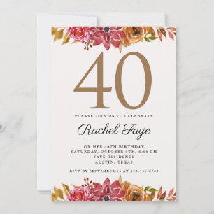 Elegant Pink Gold Floral 40th Birthday Party Invit Invitation