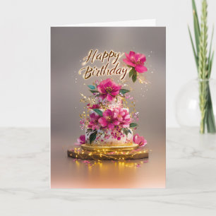 Elegant Pink & Gold Floral Birthday Cake Card