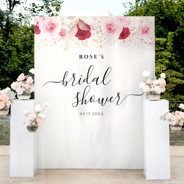 Elegant Pink Gold Floral Bridal Shower Backdrop Tapestry (Creator Uploaded)