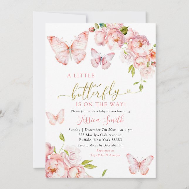 Elegant Pink Gold Floral Butterfly Is On The Way Invitation (Front)