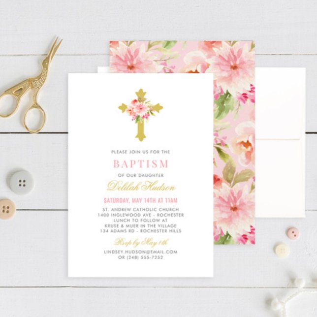 Elegant Pink Gold Floral Cross Girl Baptism Invitation (Creator Uploaded)