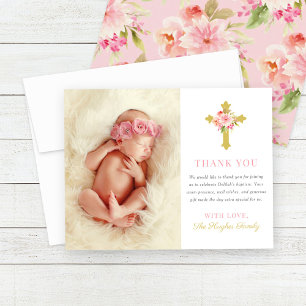 Elegant Pink Gold Floral Cross Girl Baptism Thank You Card