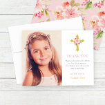Elegant Pink Gold Floral First Communion Photo Thank You Card<br><div class="desc">This elegant baby girl First Holy Communion thank you card design features a photo of your daughter with stylish pink, gold, and grey text that can be fully personalised, accented by a gold cross decorated with a pretty pink watercolor flower arrangement. A light pink background with coordinating floral pattern of...</div>